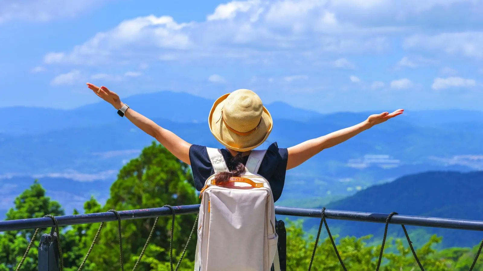 山の上で手を上げている人