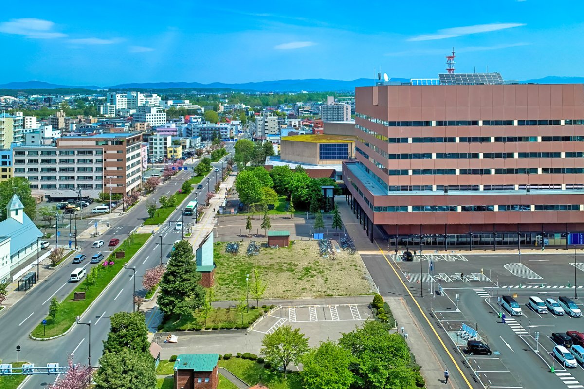 晴れた日の旭川市街地の風景